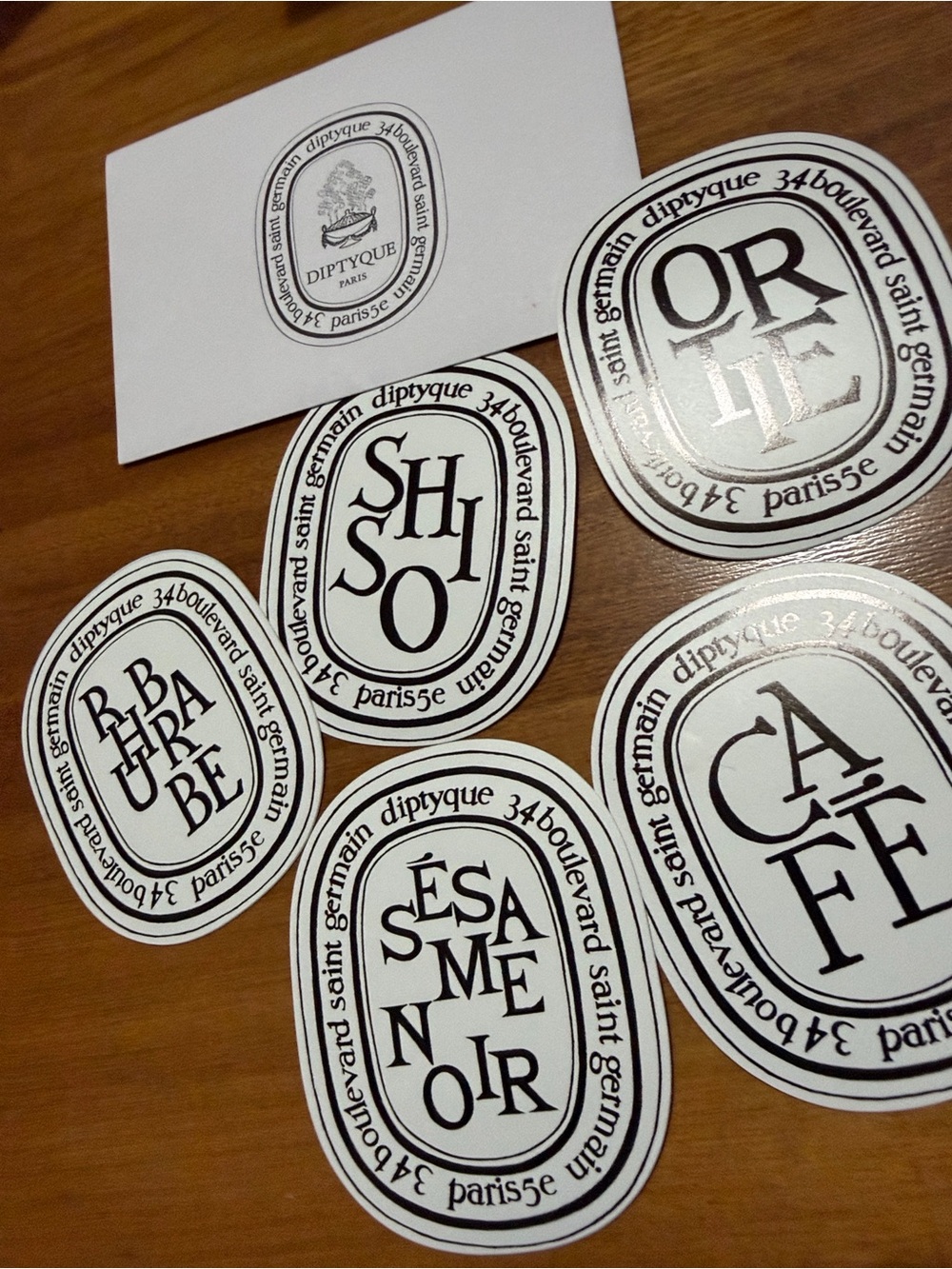 Diptyque stickers SET OF FIVE — shiso, sesame noir, cafe, rhubarb, and ortie